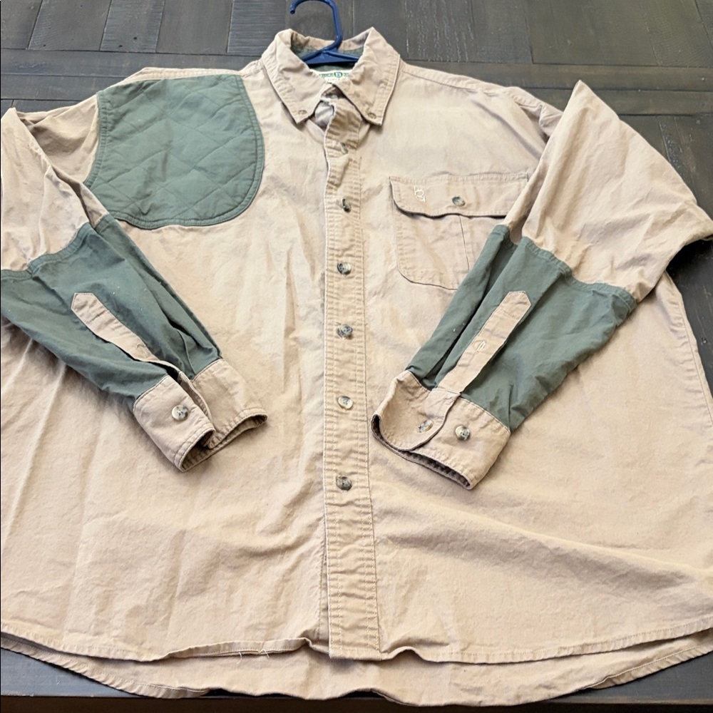 Tan Button-Up Shirt with Olive Green Elbow & Sleeve Panels Bob Allen
